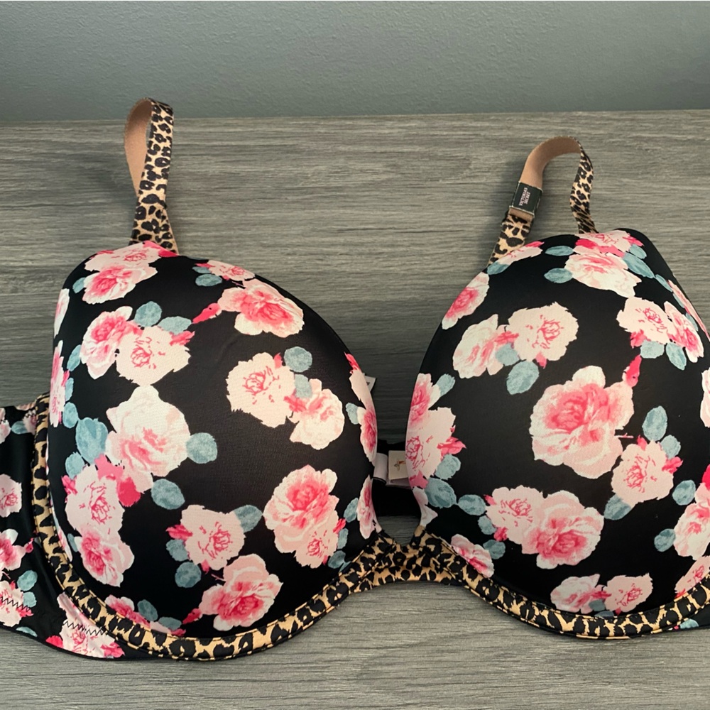 Victoria's Secret Black Bra with Pink Floral and Leopard Details